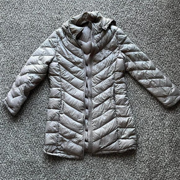 Gray Lightweight Calvin Klein Trench Coat Down Puffer Jacket with Removable Hood - Picture 1 of 7